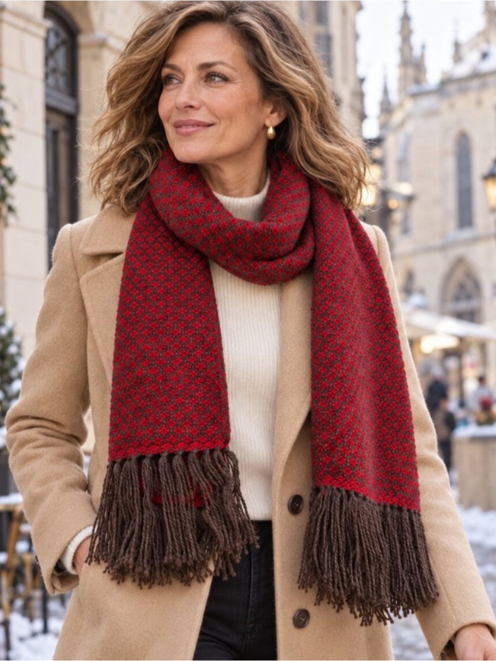 Handmade Wool Scarf Red Brown Woven Fringe